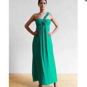 Y2K BCBG Max Azria Green Silk 3D Rosette Asymmetric Fairy Goddess Maxi Dress 2